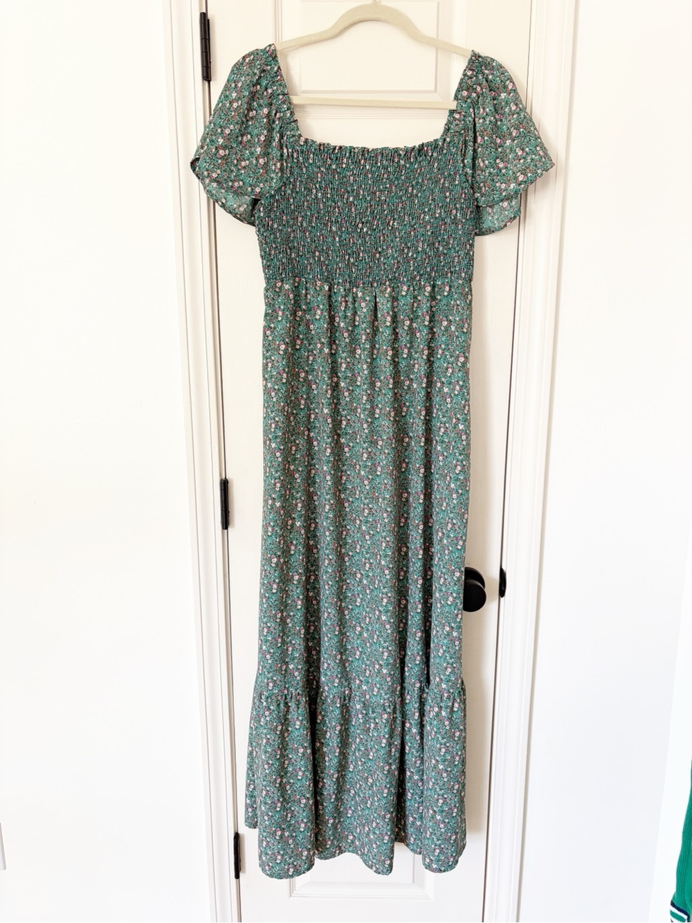 Green Floral Maxi Dress smocked bust flutter sleeves large